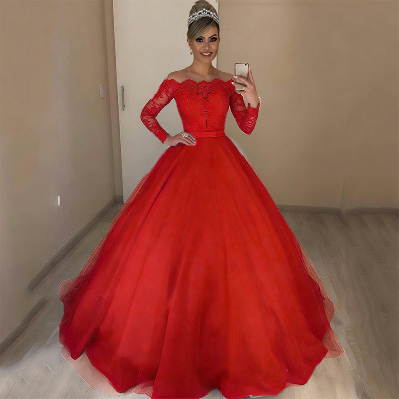 new foreign trade  fashion one-shoulder v-neck slim-fit trendy puffy train wedding dress with lace trim