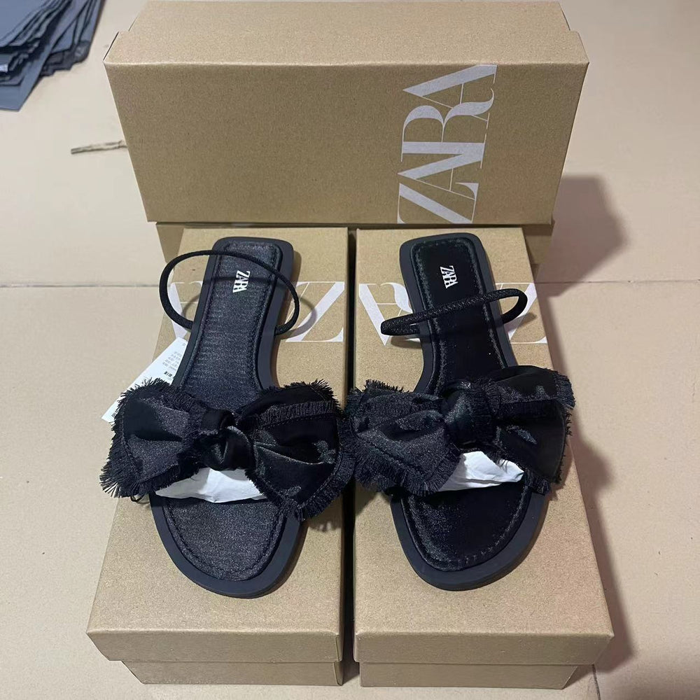 Za2024 summer new black flat sandals with back strap and bow detail - stylish women's outdoor sandals
