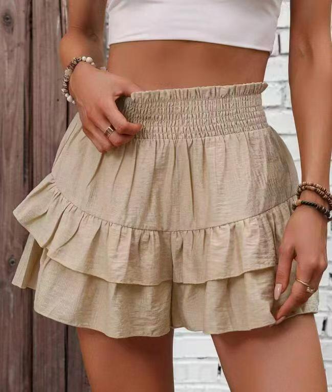 2025 european and american cross-border summer casual high-waisted ruched tiered lace shorts