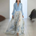 european and american style women's  independent store digital print long sleeve v-neck patchwork maxi dress
