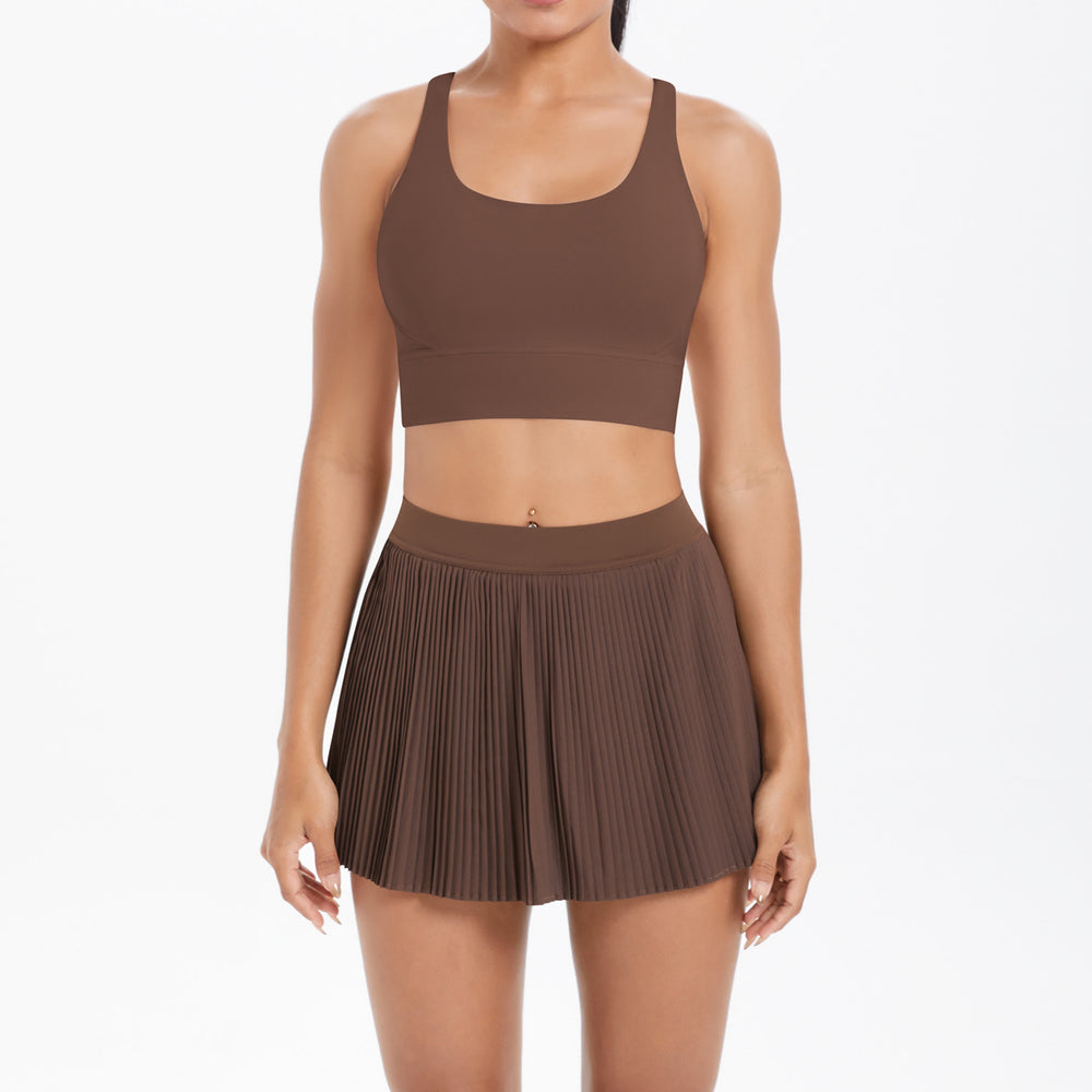 fashionpure color tight brushed cross back short skirt two-piece set running fitness training yoga suit