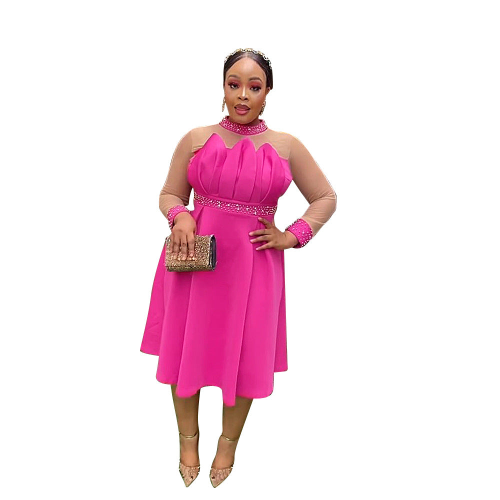 Plus size european and american women's space cotton high-waisted pleated evening gown dress african  beaded dress