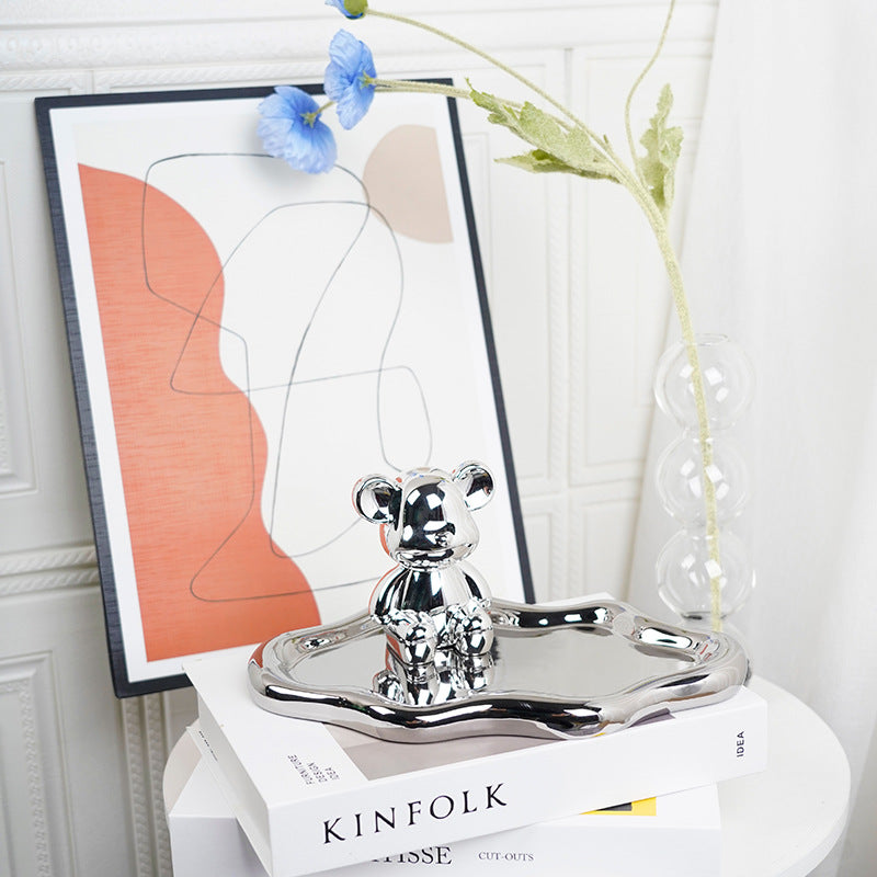 Ins electroplated silver tray popular same style photo props jewelry storage display tray cartoon bear creative ornaments