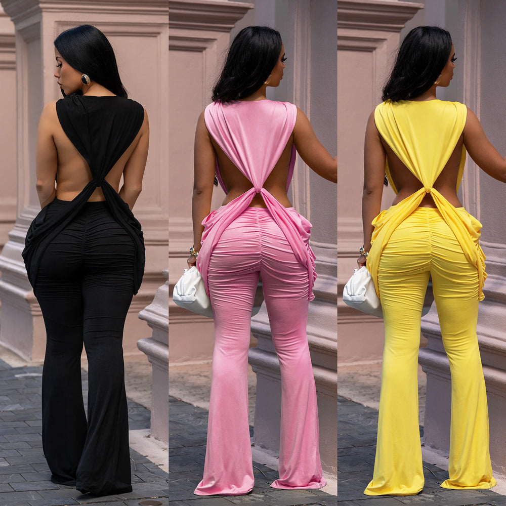 C7722 cross-border   fashion women's sexy backless solid color bodycon jumpsuit