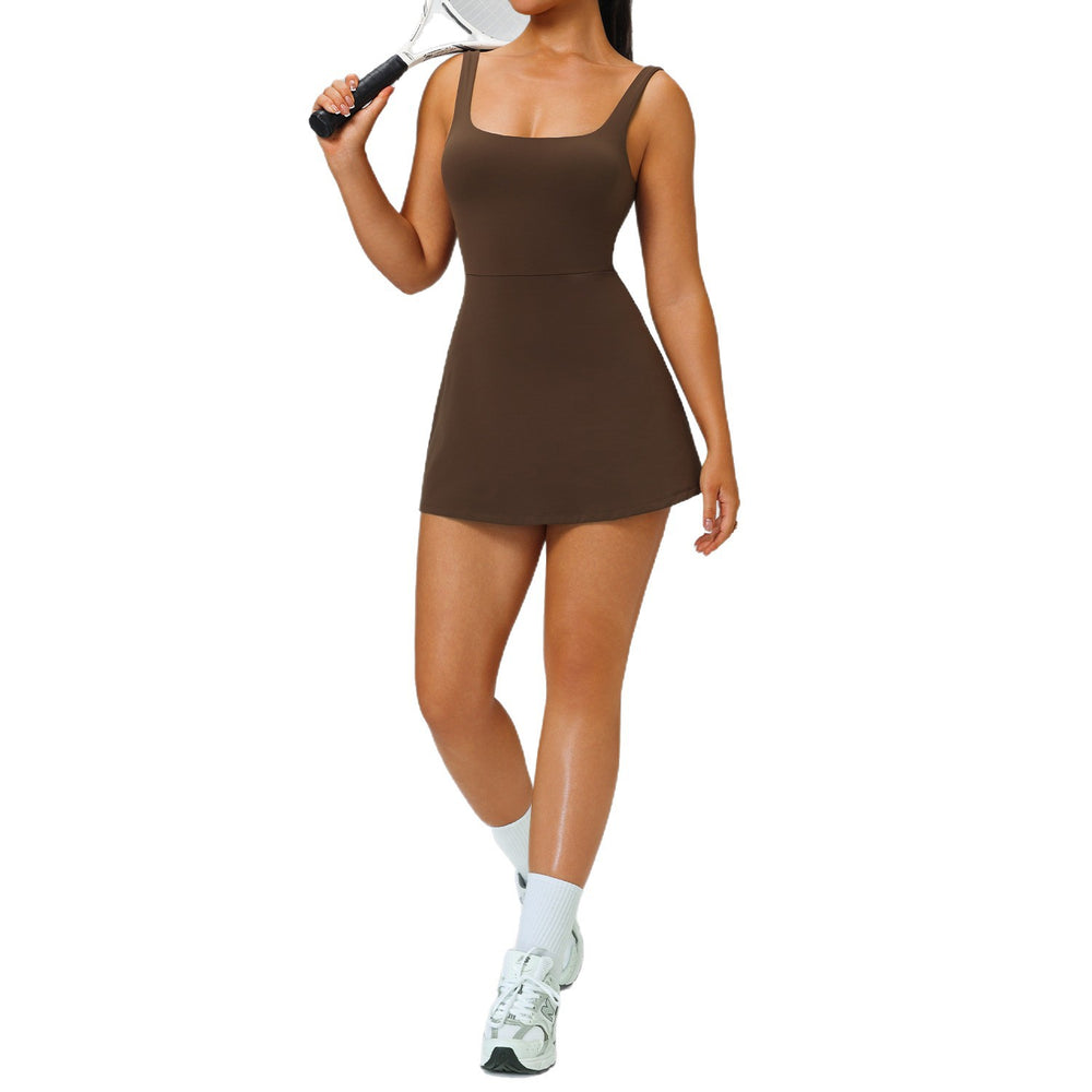 Fashion nude back sports dress women's fake two-piece set fashion tape golf flap pocket pants one-piece tennis skirt