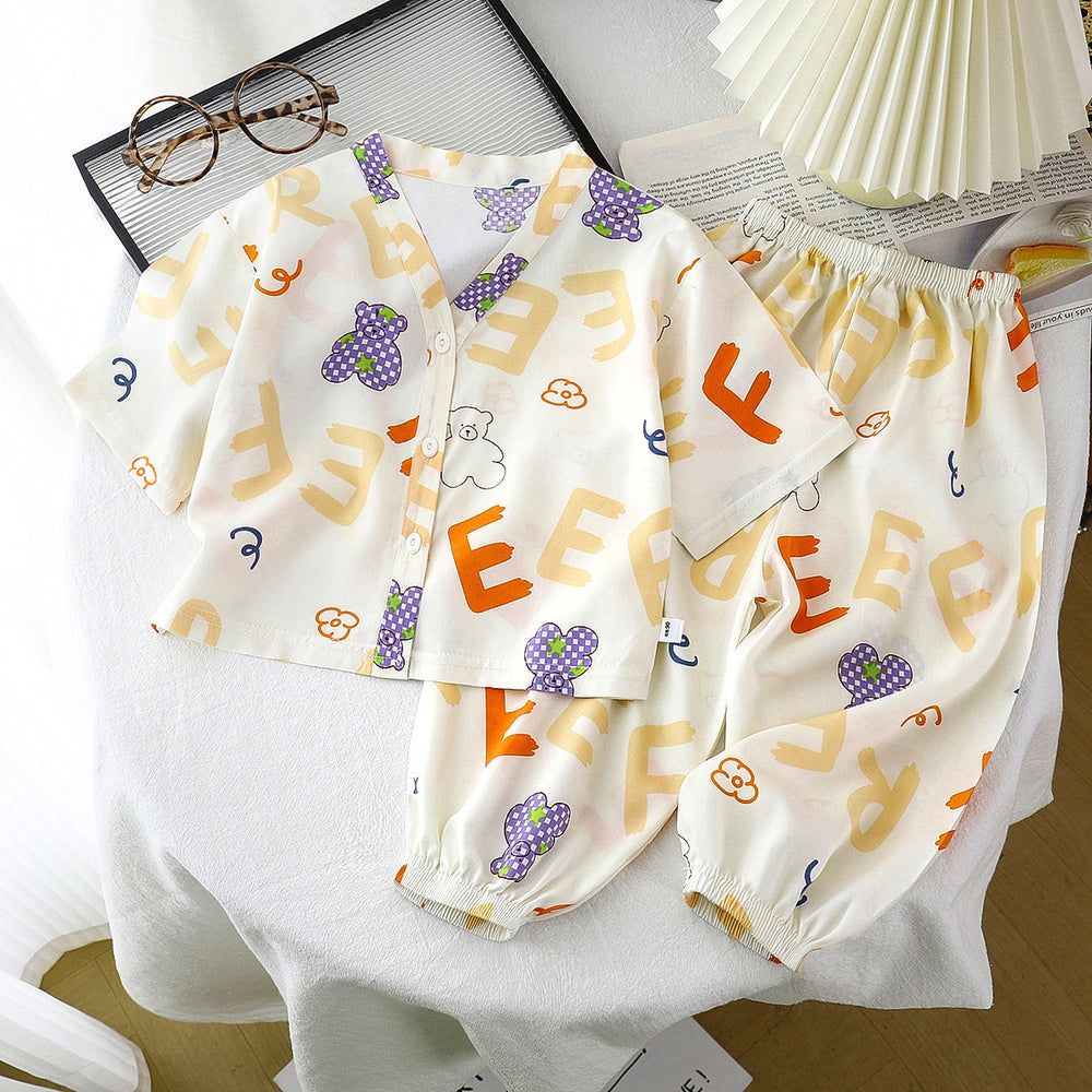 Kids' cotton linen pajama set - summer boys' and girls' sleepwear - rayon two-piece set - cotton linen air conditioning suit - children's clothing