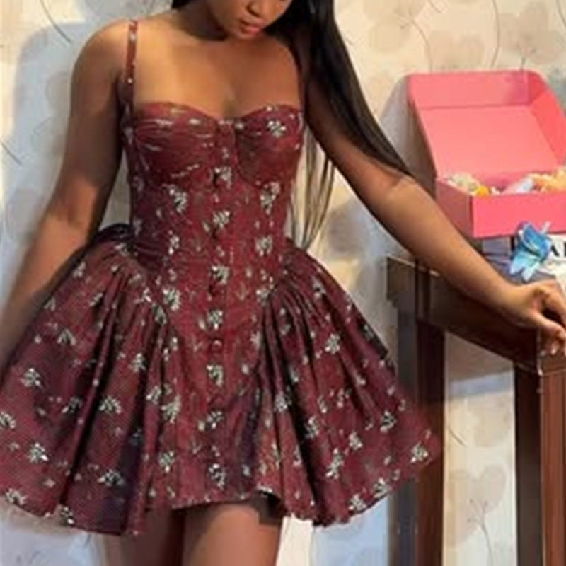 European and american cross-border women's clothing:  summer new arrival - elegant vintage print irregular a-line short cami dress