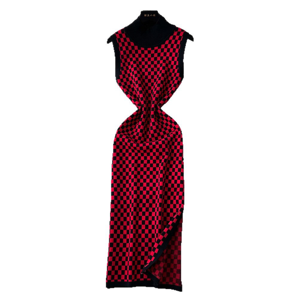 French chic high-end fashion color block knit dress - women's figure-flattering, slit hem, slim-fit tank dress