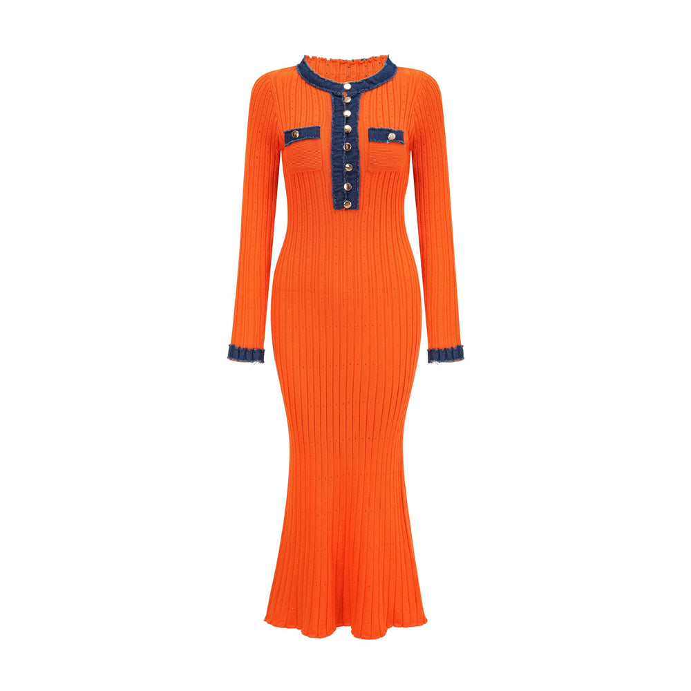 European and american autumn/winter new collection: chanel-inspired knit midi dress with long sleeves, denim paneling, and a-line sweater dress