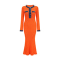 European and american autumn/winter new collection: chanel-inspired knit midi dress with long sleeves, denim paneling, and a-line sweater dress
