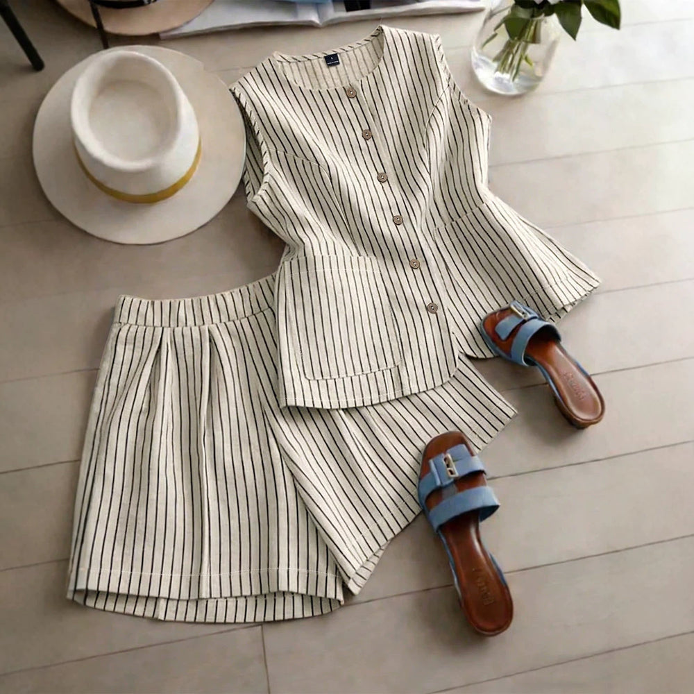 fashion  summer new striped sleeveless top + shorts set - commute & casual two-piece outfit