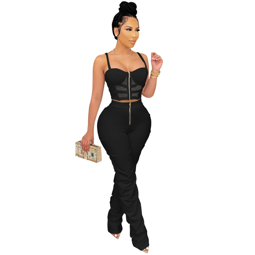 X5215    pure colorsexy women's suspenders chest zipper vest pants two-piece set