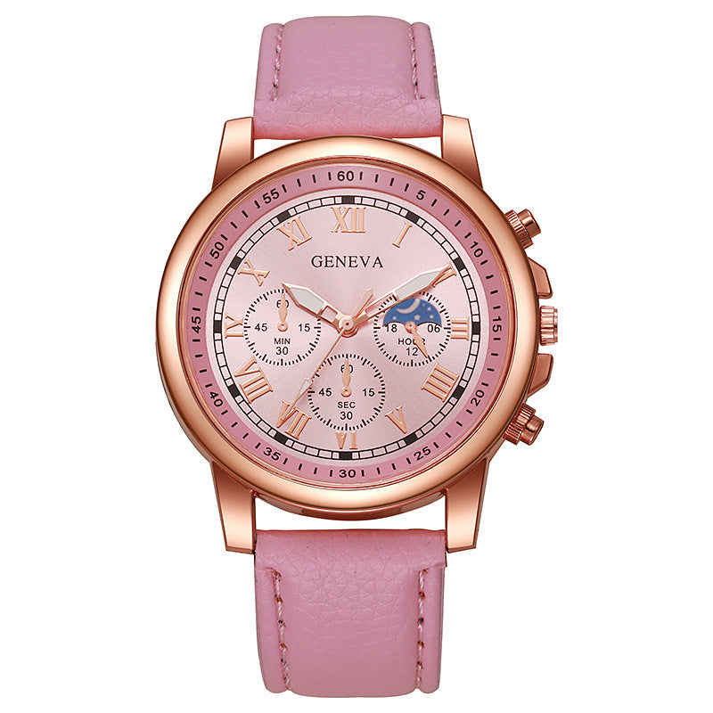 Douyin duoduo cross-border platform geneva watch women's three-eye roman belt quartz watch manufacturer spot wholesale