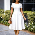 D619  foreign trade  new women's elegant minimalist round neck slimming solid color dress