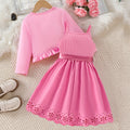 Autumn kids' cute dress set: suspender dress with ruffle trim, knitted open collar, cat pattern, girls' two-piece outfit