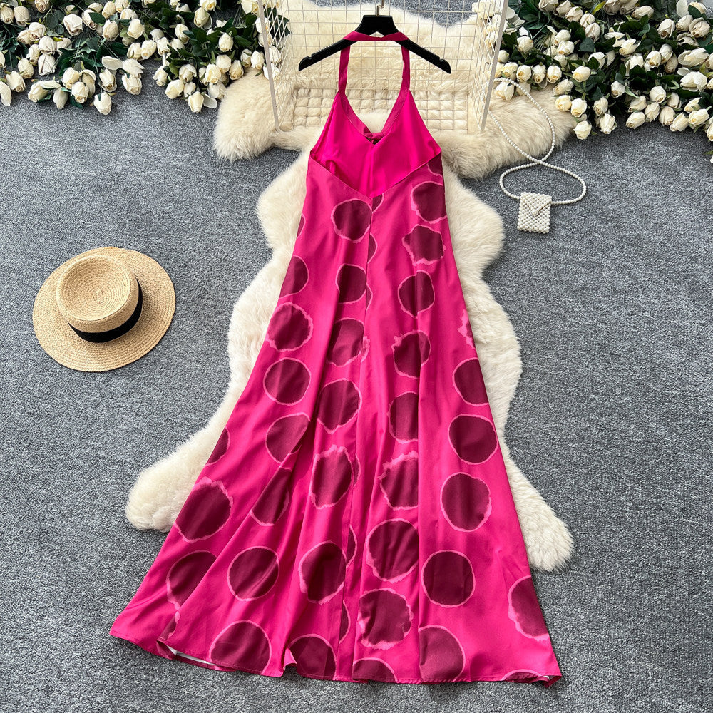Vacation style halterbacklessprintingdress women's summerfashion classic strappy slimming look large swing long skirt