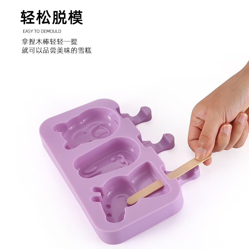Factory direct, ready-to-ship: diy cartoon ice pop molds - new 3-cavity silicone ice cream molds with lids