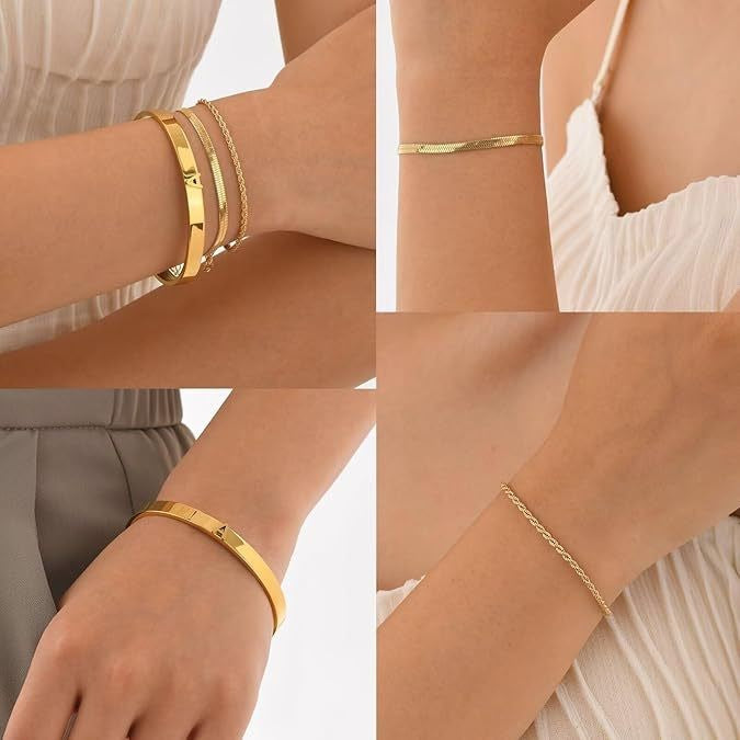 Three-piece bracelet set for women, everyday style, featuring stainless steel small square links, blade links, spacer bead links, nk links, twisted rope links, and polished links