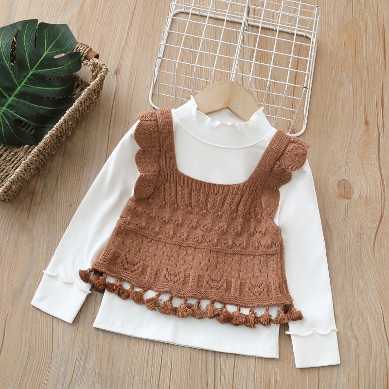Girls' spring/autumn sweater set: sweet princess collar knit vest with ruffle trim and tassel detail (two-piece outfit)