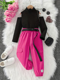girl's knitted top two-piece set, green cargo wide-leg pants with elasticated cuffs, and a belt – a stylish and cool outfit for kids