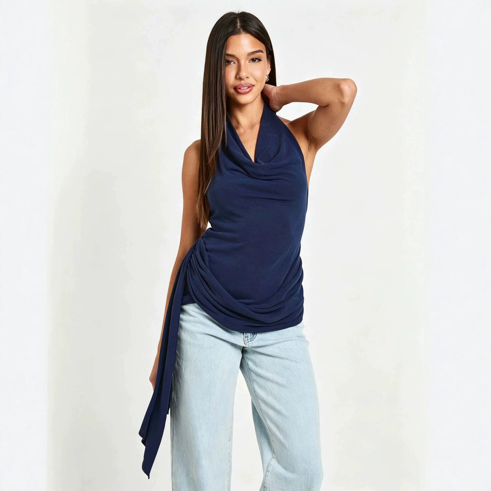 women's summer halterneck backless sleeveless top, featuring side ties, ruched waist, slimming fit, and a spicy girl vibe