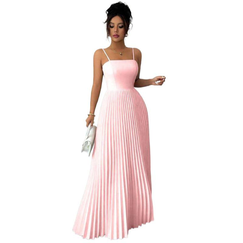 Amazon european goods summer fashion elegant solid color pleated waist-defining long slip dress