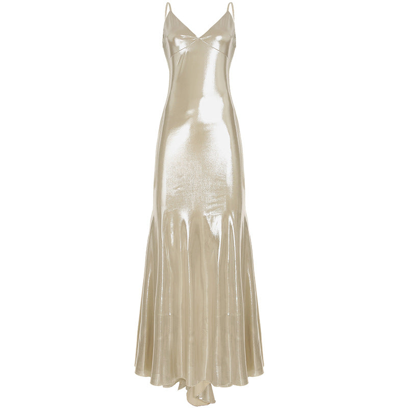 Spring and summer fashion European and American style suspender long dress backless sexy coating glossy pleated hip mopping fishtail dress