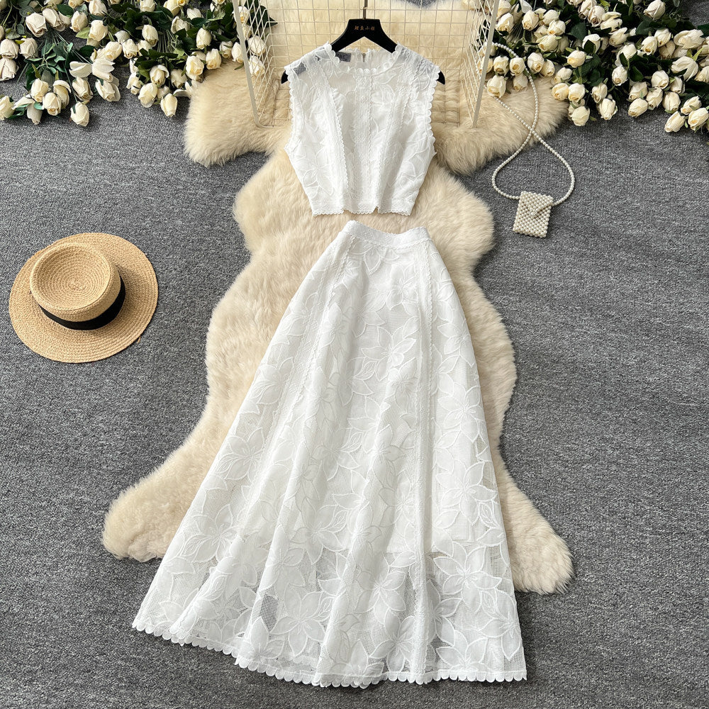 French lace cutout sleeveless two-piece set for women -  summer elegant high-end vest and midi skirt outfit