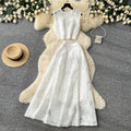French lace cutout sleeveless two-piece set for women -  summer elegant high-end vest and midi skirt outfit