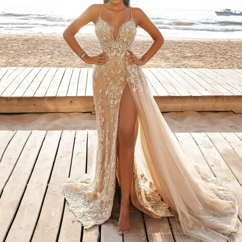 summer new european and american style sexy camisole dress - sleeveless v-neck slit lace cutout maxi dress