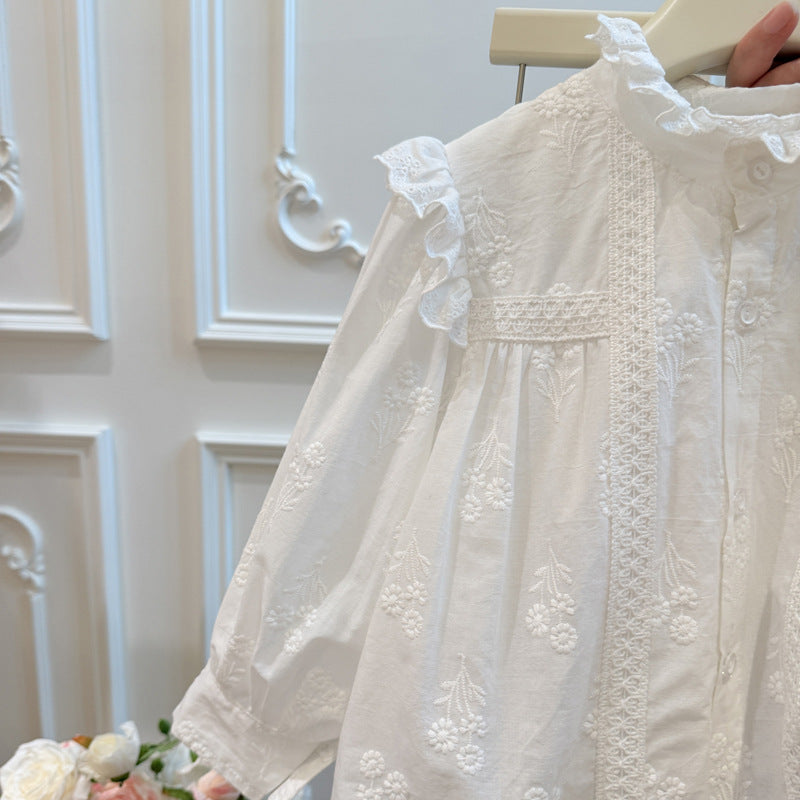 Spring new arrivalgirllong sleevesembroideringshirtbaby girlfashion shirt stylekidstopscasual children's clothing trendy