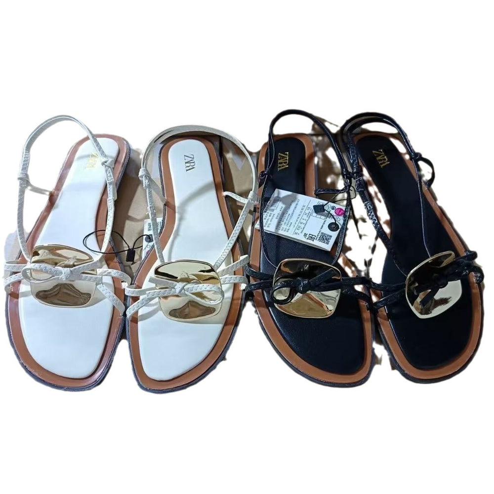 Za women's shoes 2024 summer new arrivals: women's flat sandals with metal buckle embellishments, perfect for the beach