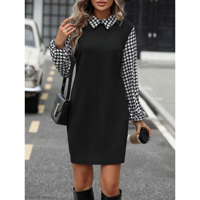 fashion  autumn new arrival polo collar polka dot printing lantern sleeve elegantshortdress
