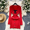 Chic chanel-inspired, high-end, bow-adorned v-neck, metal-buckle cinched-waist, long-sleeved knit dress for women – a french-style mini dress