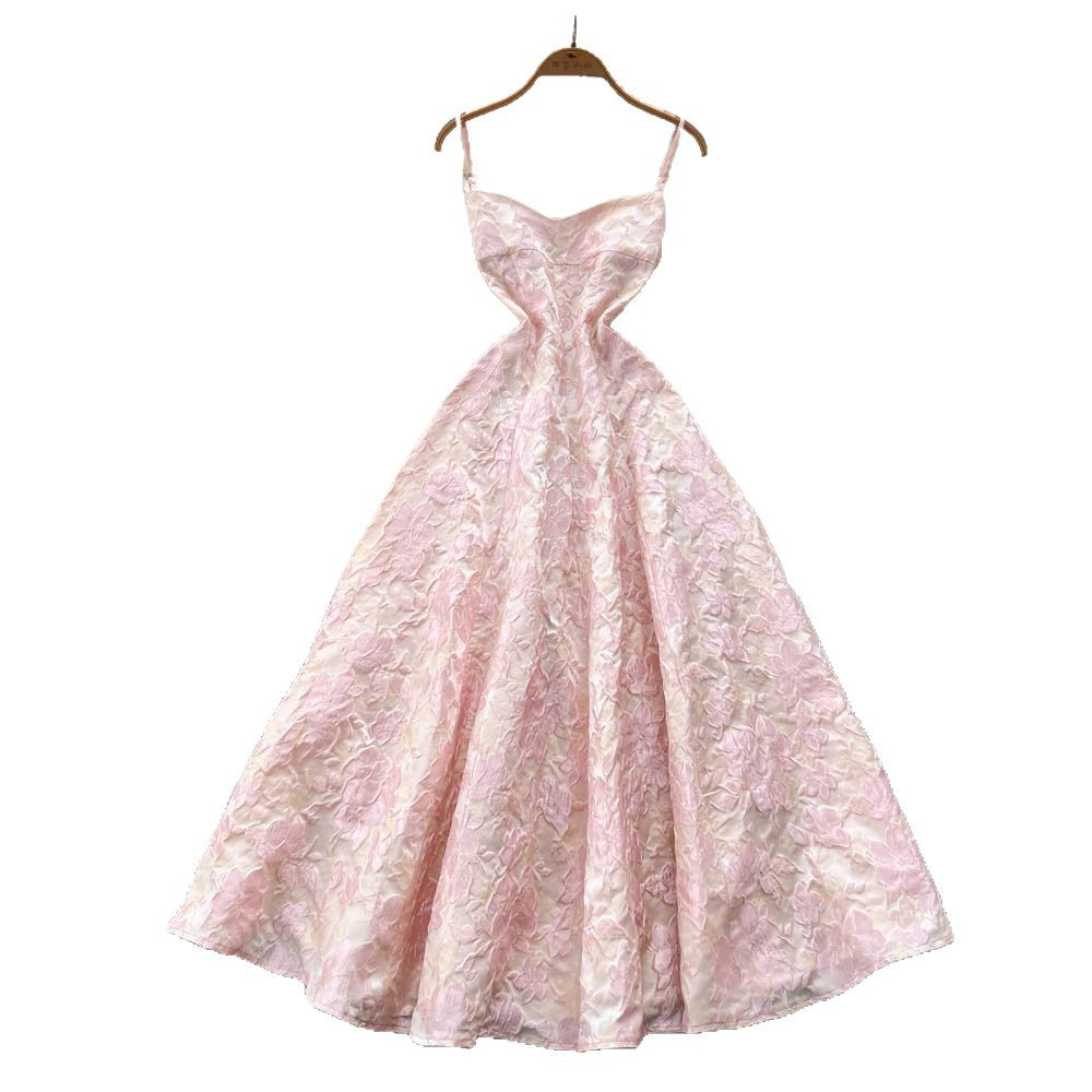 French style women's luxury party dress - elegant, high-end, and chic. features a spaghetti strap, cinched waist, jacquard design, and a flattering, slimming fit. perfect for summer, this dress creates a beautiful, fluffy silhouette