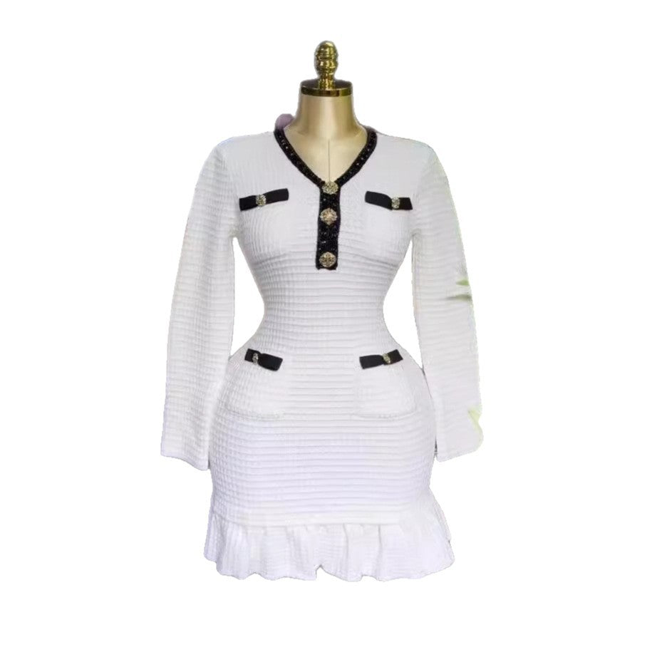 Exportnew arrivalfall and winternew arrivalwaffle gridscontrast color tweed stylev neckknittingdressruffles skirt