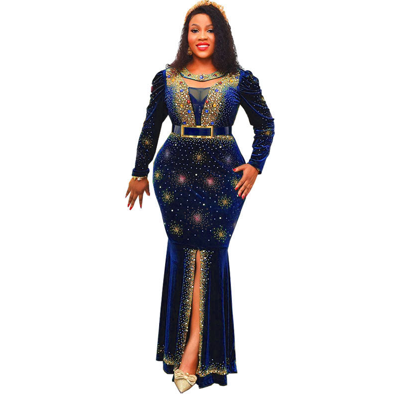 Jenny's factory direct export: gold velvet rhinestone embellished luxury slim-fit mermaid long sleeve maxi dress - african women's clothing