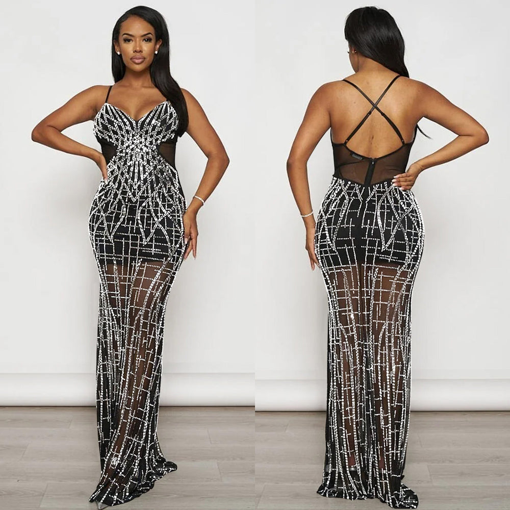 C6689 cross-border   fashion women's solid color mesh rhinestone camisole maxi dress