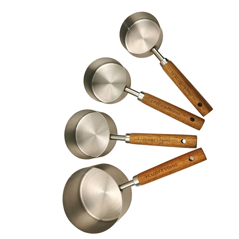 Factory direct cross-border stainless steel long-handled measuring spoons & cups - wooden handle stainless steel measuring cups - baking tools & coffee measuring spoons