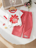 Kids clothing fashion children's clothing children's flower pattern white short-sleeved t-shirt red plaidpants