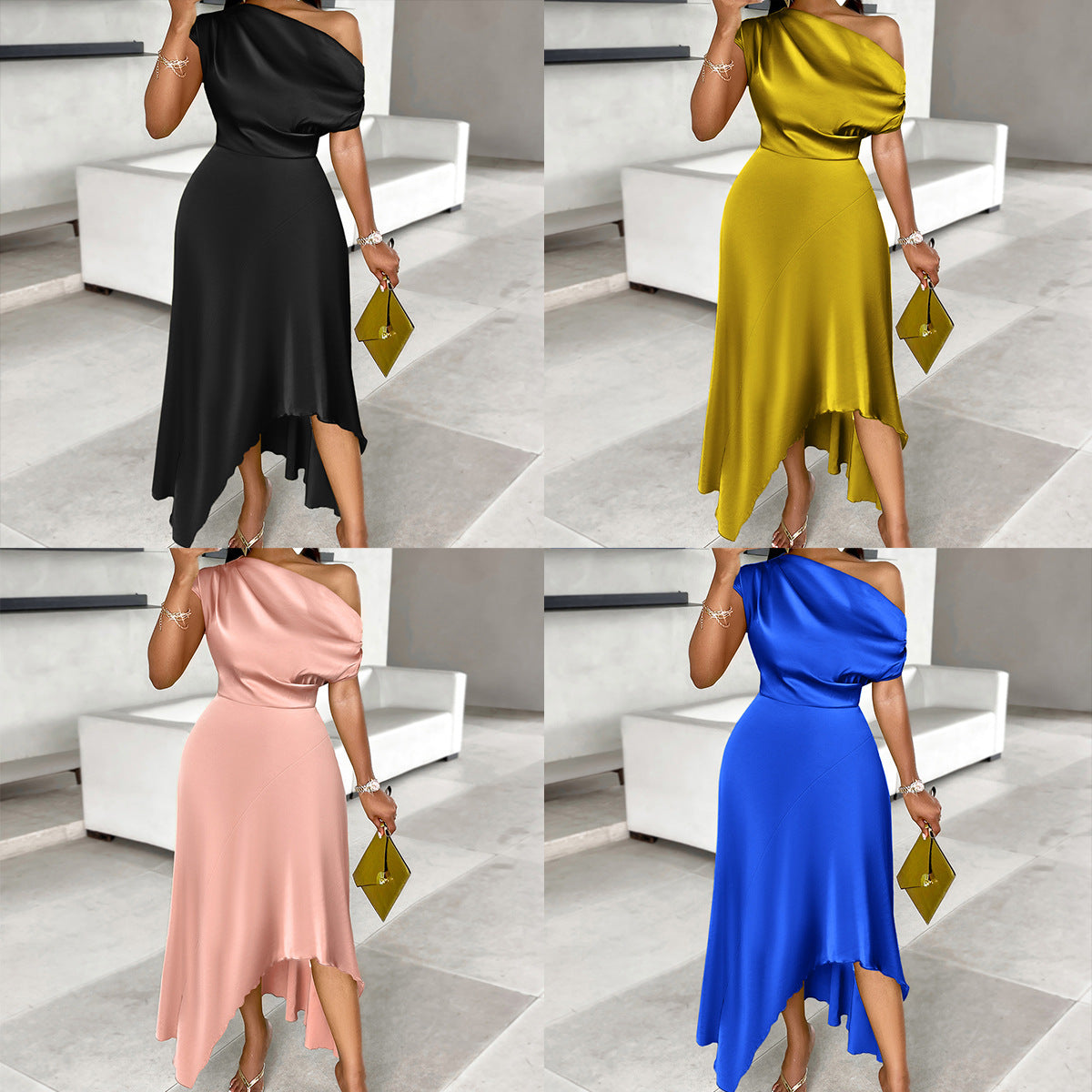 Summer 2024 Independent Station TEMU Cross-border Explosive Women's Clothing Casual European and American Solid Color Slash Shoulder Asymmetrical Dress Women