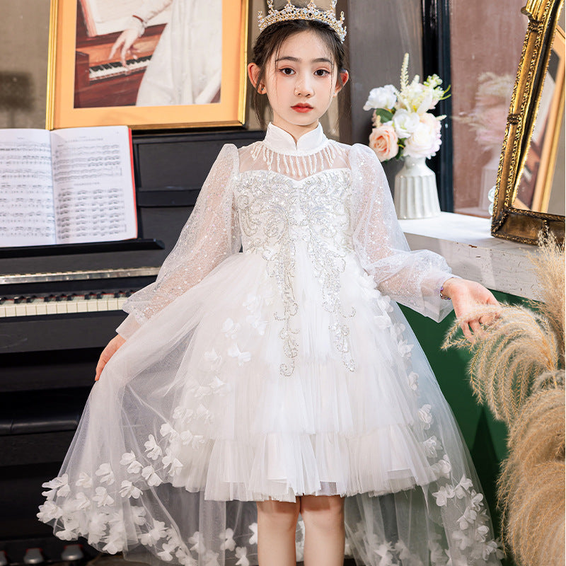 Amazon new girls' dress - train, lace, and tulle tutu - flower girl, banquet, and performance dress - cross-border ready stock