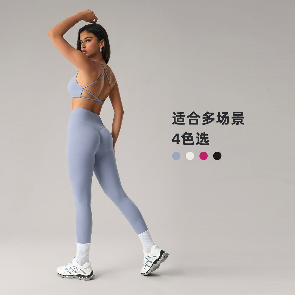 Fashion cross-border nude long sleeves yoga fitness suit women's back sports intimateshigh waist hip lifting tight nine-point pants