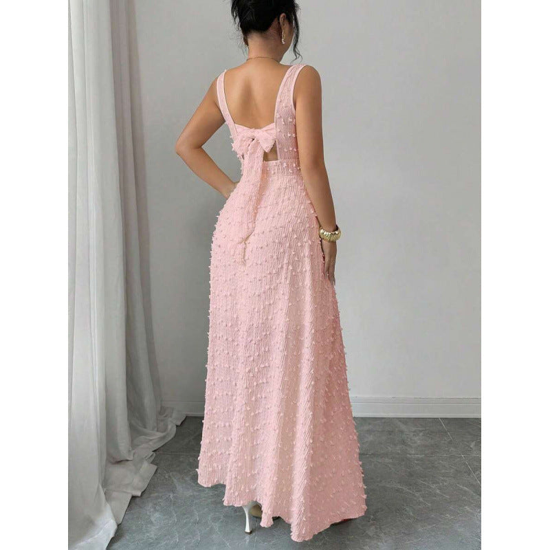 Amazon fashion  summer new arrival square neck sleeveless back bow tie strap sense dress