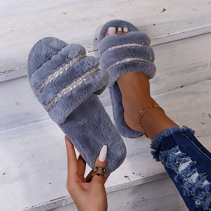 plus size rhinestone candy color thick sole furry slippers for women outwear2024fall and winternew arrival slippers k-style ins