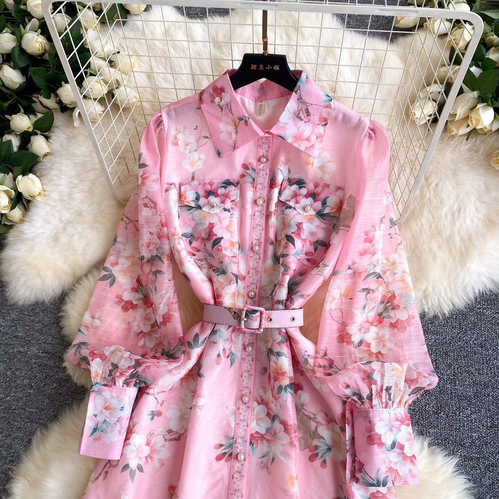 French print slim-fit hollow-out dress - women's long sleeve turn-down collar tie-waist a-line maxi dress - high-end commute style