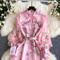 French print slim-fit hollow-out dress - women's long sleeve turn-down collar tie-waist a-line maxi dress - high-end commute style