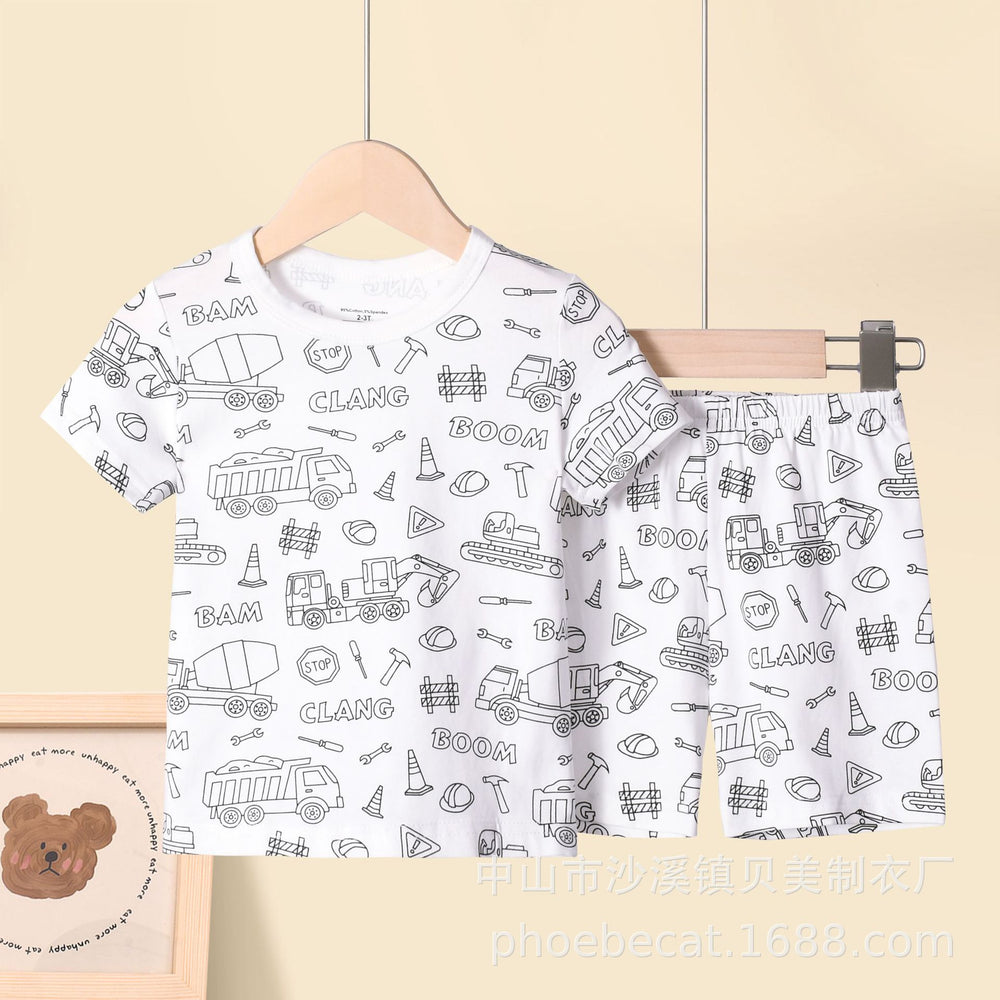 Cartoon european and american cross-border exclusive children's home clothes pajamas suit sketch comfortable breathable diy hand-painted graffiti