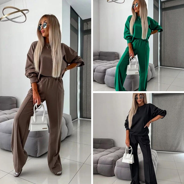 's new loose loungewear solid color suit women's long-sleeved round neck casual top elastic trousers two-piece set