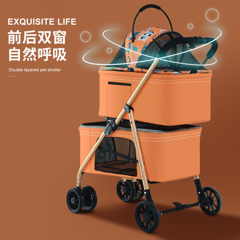 Double-layer pet stroller - dog & cat pet stroller - one-click fold - high-view pet stroller - lightweight pet carrier